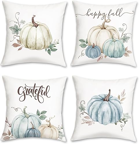 Bonhause Juego de 4 fundas de almohada de otoño de 18 x 18 pulgadas, diseño de calabazas color beige y azul, para sofá, decoración de otoño