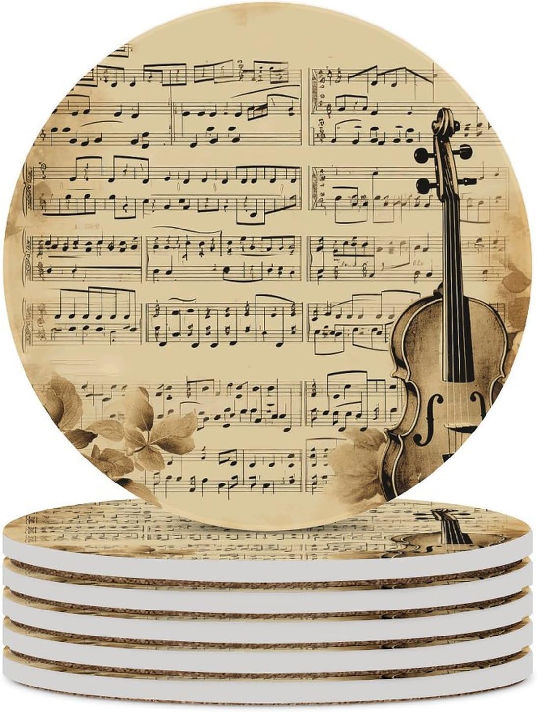 6PCS Music Notes Coasters Non-Slip Round Drink Coasters with Ceramic Stone and Cork Base, Heat Resistant Absorbent 33.00Stone Coaster Set for Kinds of Mugs and Cups, 4 Inch