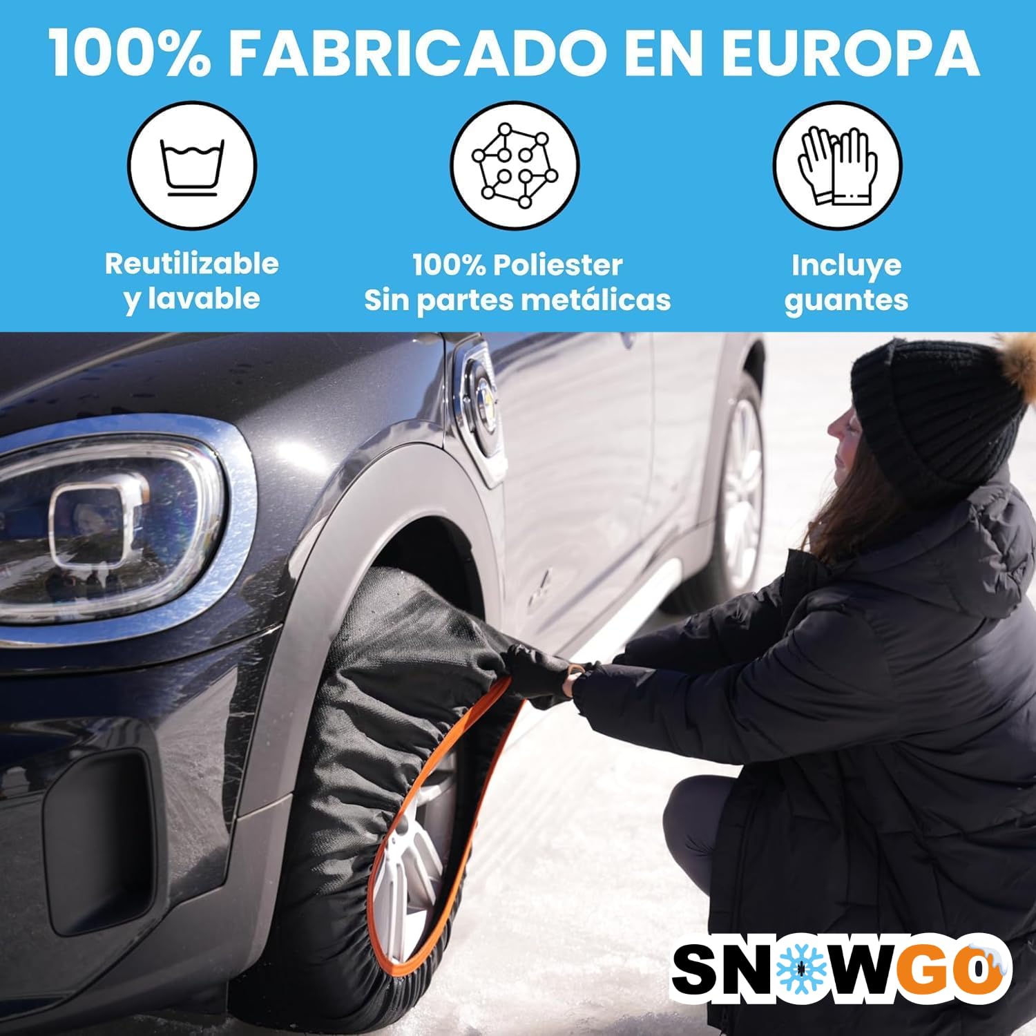 SNOWGO - Juego de 2 cadenas textiles para nieve - Talla XS a XXL - Homologado 16662-1 Europa - Adecuado para vehículos 4x4, vehículos eléctricos, furgonetas y vehículos comerciales <3,5T. (XL)