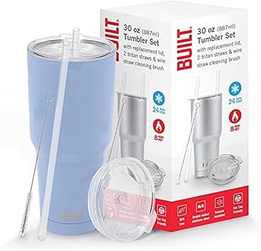 BUILT Double Walled Stainless Steel Tumbler Set with Replacement Lid, 2 Reusable Tritan Wire Straw Cleaning Brush in Gift Box, 30-ounces, Cerulean