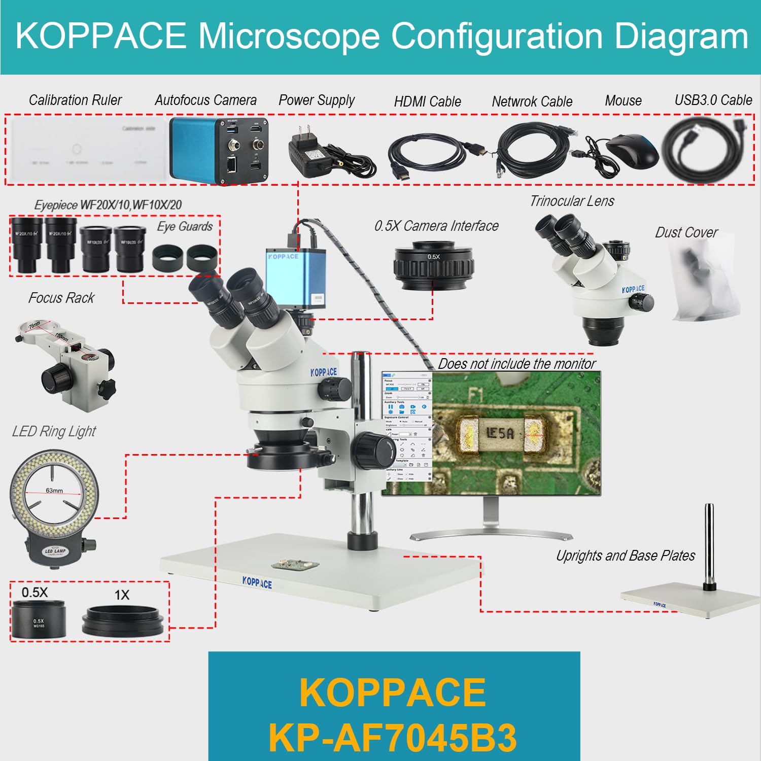 KOPPACE 29X-190X Stereo Electron Microscope 2MP HD ?utofocus Camera HDMI/USB/LAN Output