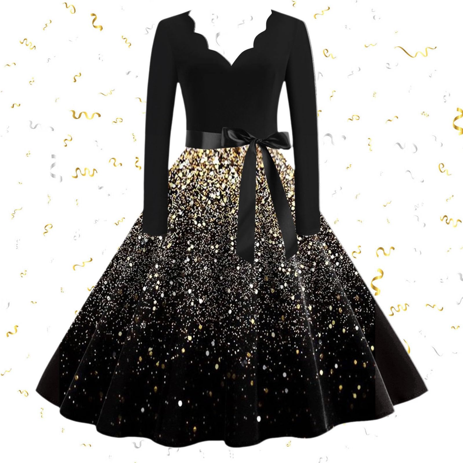 Generisch Abito da donna, alla moda, a maniche lunghe, con scollo a V, per la sera di Natale, per feste, balli scolastici, feste e spiaggia