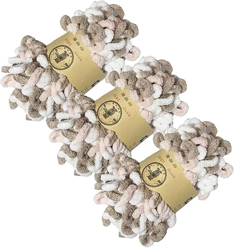 Hilo grueso de chenilla para dar los dedos para tejer a mano (blanco y rosa y caqui)