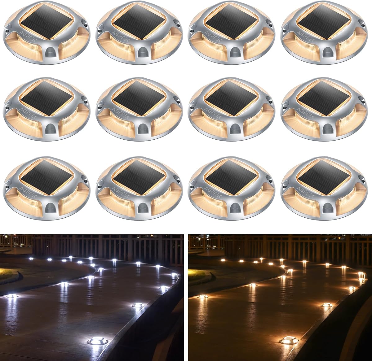 Solar Driveway Lights Outdoor 12 Pack, 2 Color Modes LED Deck Dock | Marine Waterproof Driveway Marker Lights for Step Sidewalk Stair Garden Pathway Walkway Yard (Warm White/Cool White)