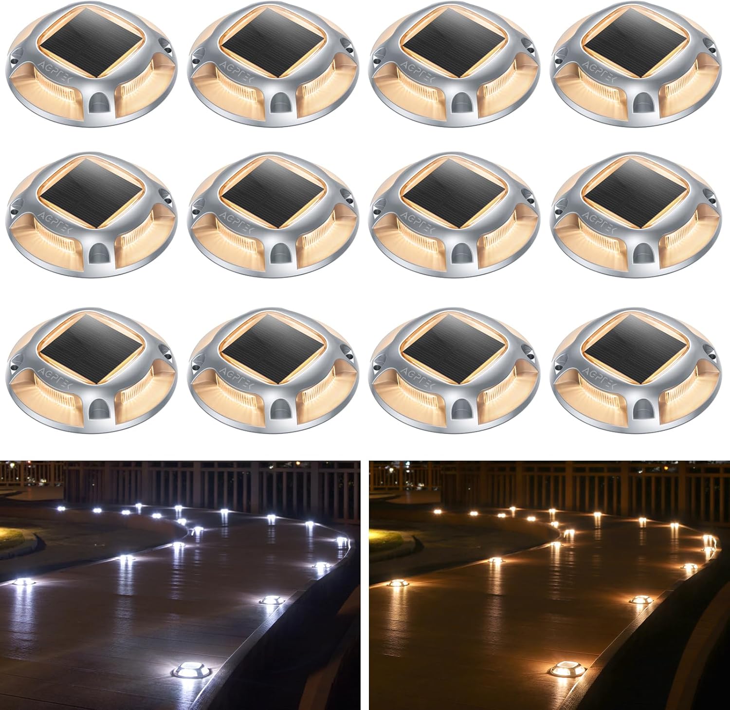 Product image of AGPTEK Solar Driveway Lights Outdoor 12 Pack, 2 Color Modes LED Deck Dock Marine Waterproof Driveway Marker Lights for Step Sidewalk Stair Garden Pathway Walkway Yard (Warm White/Cool White)