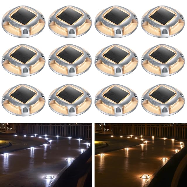 AGPTEK Solar Driveway Lights Outdoor 12 Pack 2 Color Modes LED Deck Dock Marine Waterproof Driveway Marker Lights