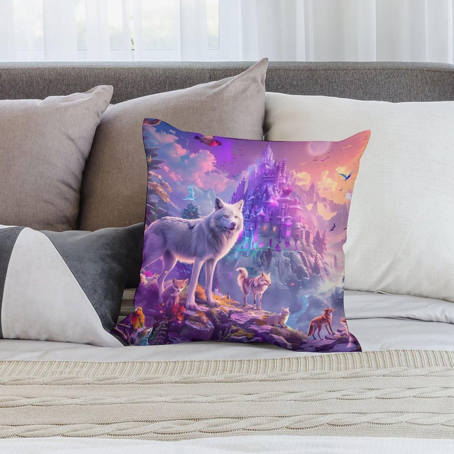 Before Castle Wolf Fox Printed Throw Pillow Case 4 Pcs Soft Pillowcases Pillows Covers Sofa Bed Decor 12/14/16/17/18/20/22/24/32 Inches