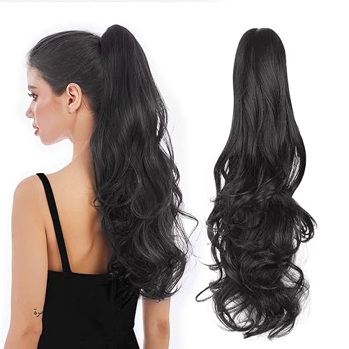 Miniatura 33 de Extensión de Cola de Caballo, Extensión de Cabello con Garra Larga de 20", Piezas de Cabello Sintético Ondulado Liso con Clip en Peluca de Cola