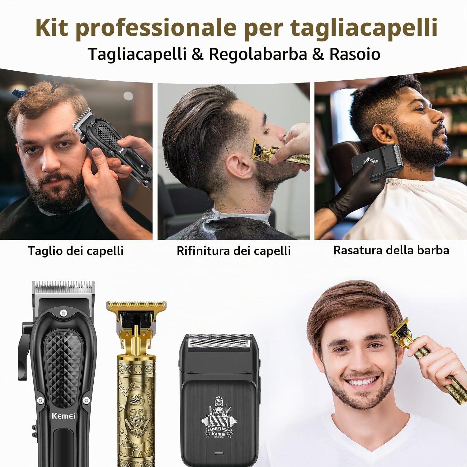 KEMEI Tagliacapelli da uomo, rasoio per barba, set di rasoi per uomo | Kit tagliacapelli senza fili per barbiere, rasoio ricaricabile