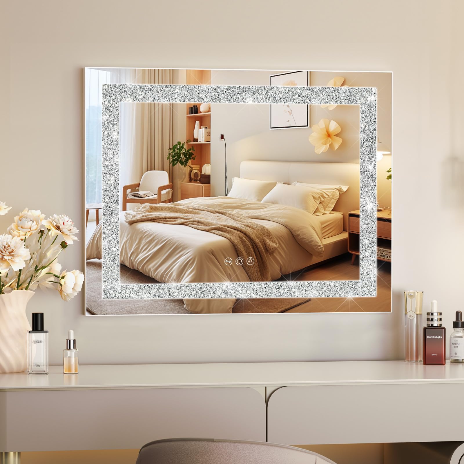 FENCHILIN Schminkspiegel mit Beleuchtung Hollywood Spiegel mit USB Crushed Diamant Kristall Spiegel mit Beleuchtung 3 Farbtemperatur Gehärtetes Glas Schminkspiegel 58x46 cm Weiß