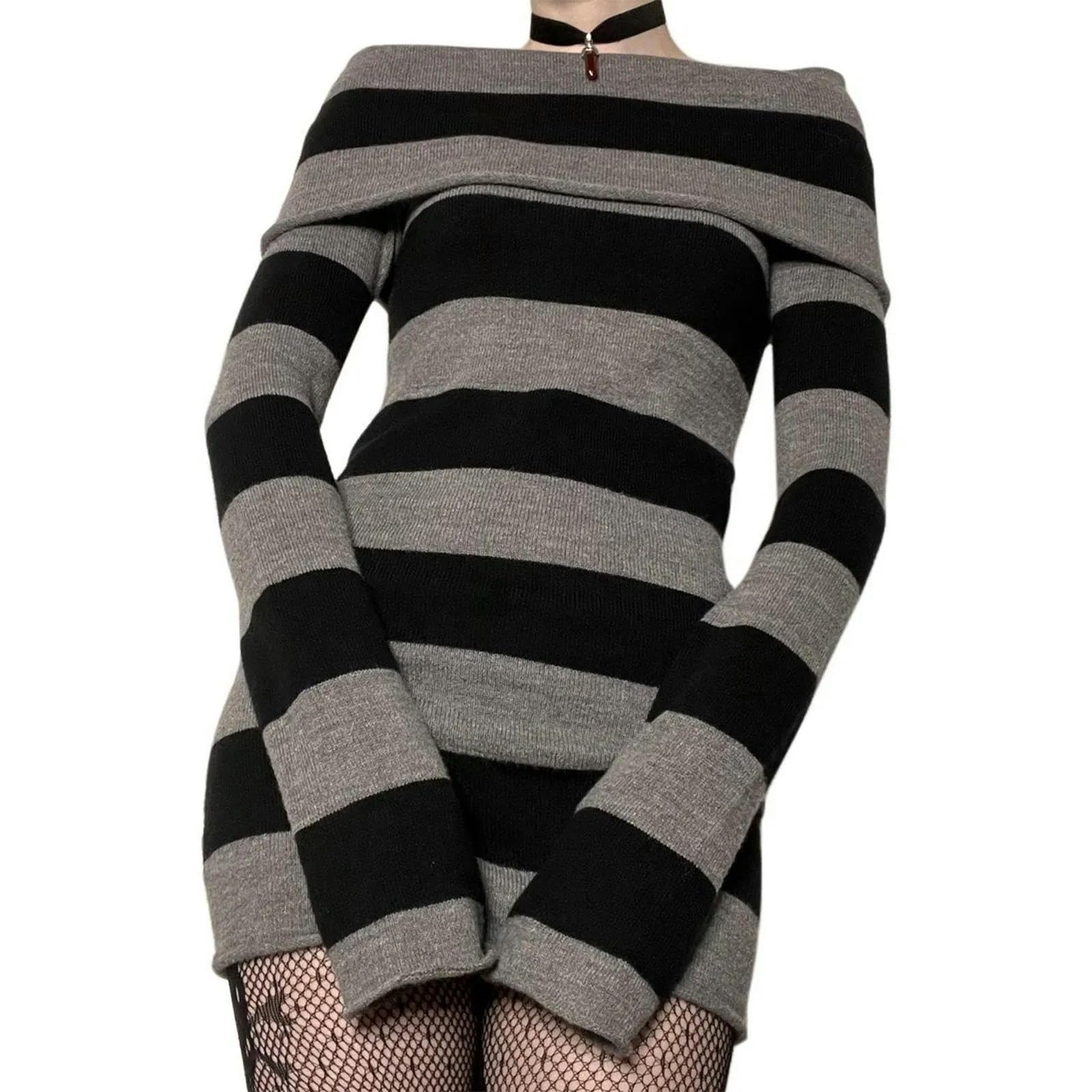 Vestido Ajustado Corto de Primavera para Mujer, Vestido de Fiesta con Cuello Barco, Manga Larga y Rayas, Ajustado a la Cadera, Talla B-XL