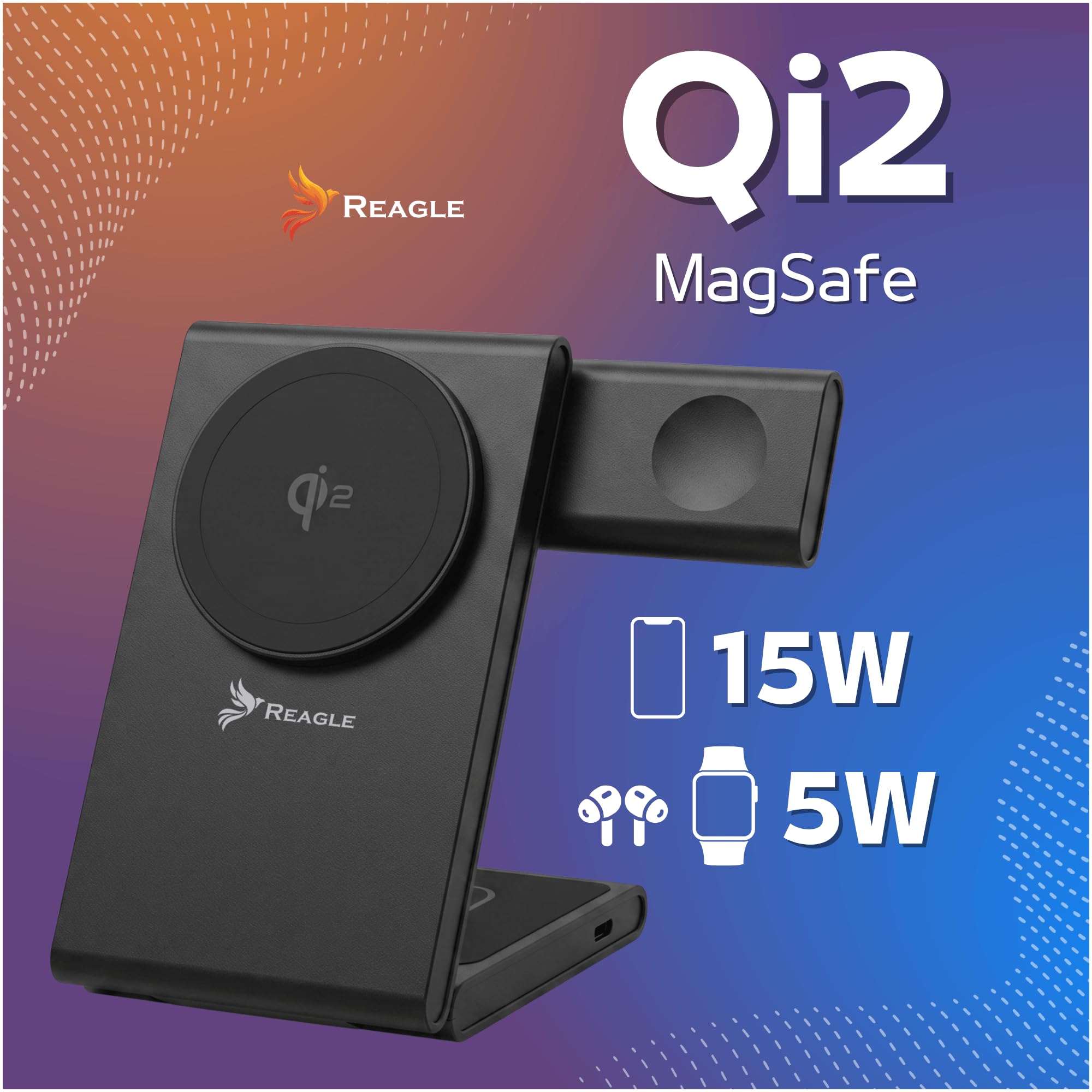 Reagle Stazione di Ricarica Wireless Qi2 3 in 1 15W, Caricatore Magnetico Pieghevole, Compatibile con iPhone 17/16/15/14/13/12, Apple Watch, AirPods, Samsung Galaxy e Pixel, Nero