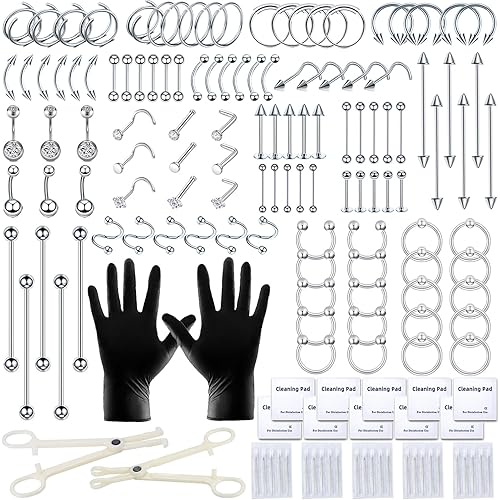 153Pcs Piercing Kit: 12G, 14G, 16G, 20G Needles & 316L Stainless Steel Jewelry for Nose, Belly, Lip, Ear & More