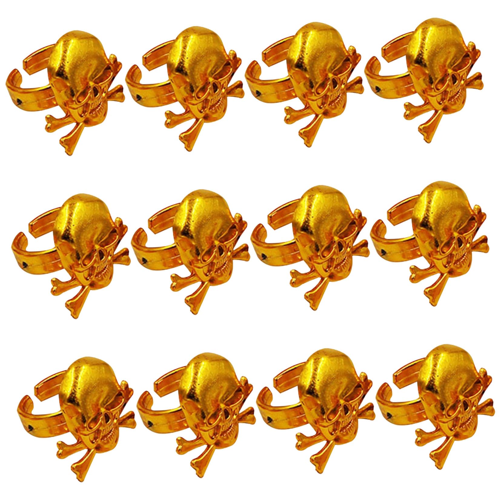 TOYANDONA 12 Pcs Golden Pirate Rings for Kids Halloween Party Decorative Skull Patterned Plastic Rings for Pirate Costume and Pinata Filler Performance Props