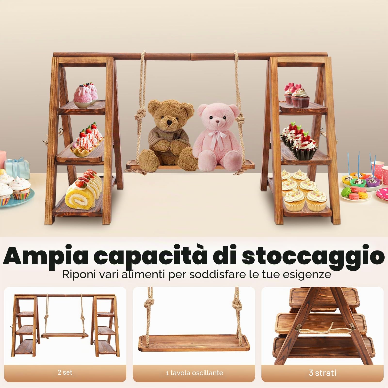 Supporto per cupcake a 3 ripiani in legno, presentazione da dessert regolabile per cupcake, snack e frutta, supporto decorativo per feste con design a dondolo
