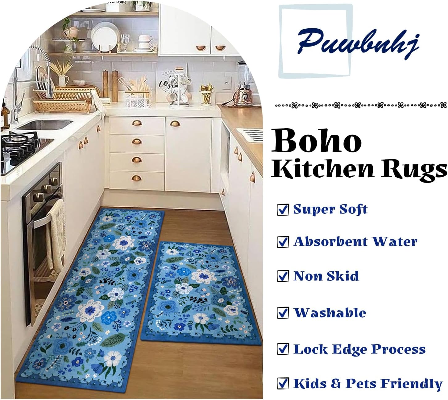 Kitchen Rugs and Mats Non Skid Washable Set of 2,Boho Floral Modern Farmhouse Bohemian Kitchen Runner Rugs with Rubber Backing for Kitchen Decor and Accessories (Blue 17"x47"+17"x30"