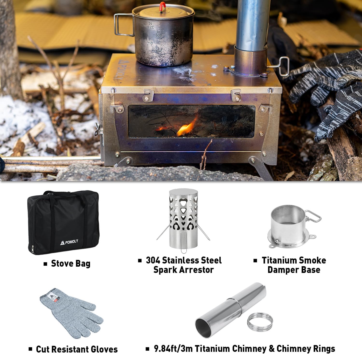 POMOLY Camping Wood Stove Hot Tent Stove, UltraFold 0.6 Portable Lightweight Titanium Stove for Hiking, Cooking, Heating (Stove Pipe 9.84ft / 3m)