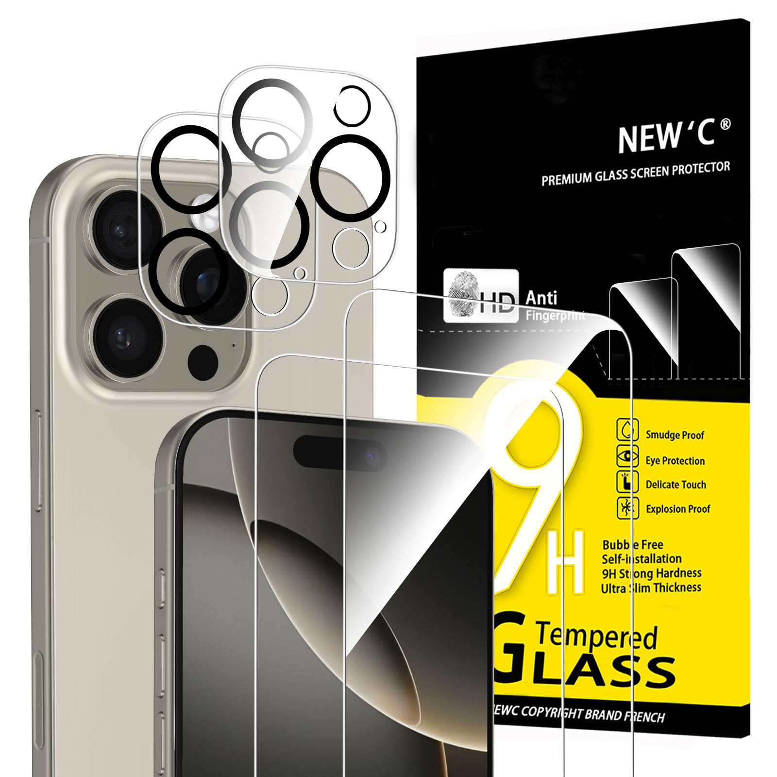 NEW'C für iPhone 16 Pro für Panzerglas 6,3 Zoll (2 Stück) und 2 x Kamera Panzer Schutz für Kameraschutz (2 Stück) -Kratzfest -extrem widerstandsfähig -9H-Härteglas