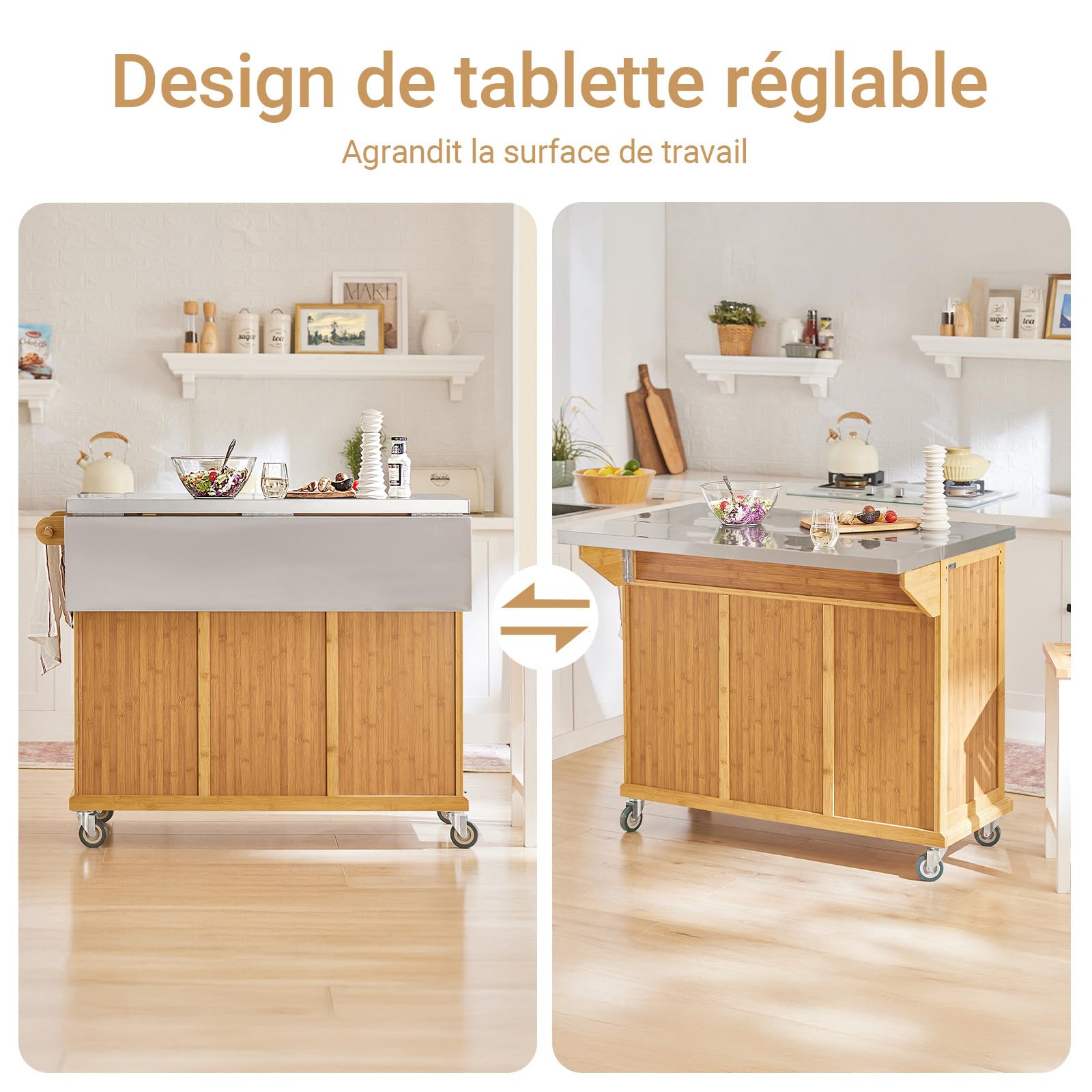 SoBuy Desserte de Cuisine à Roulettes avec rabat & freins, 115x92x(46-71)cm