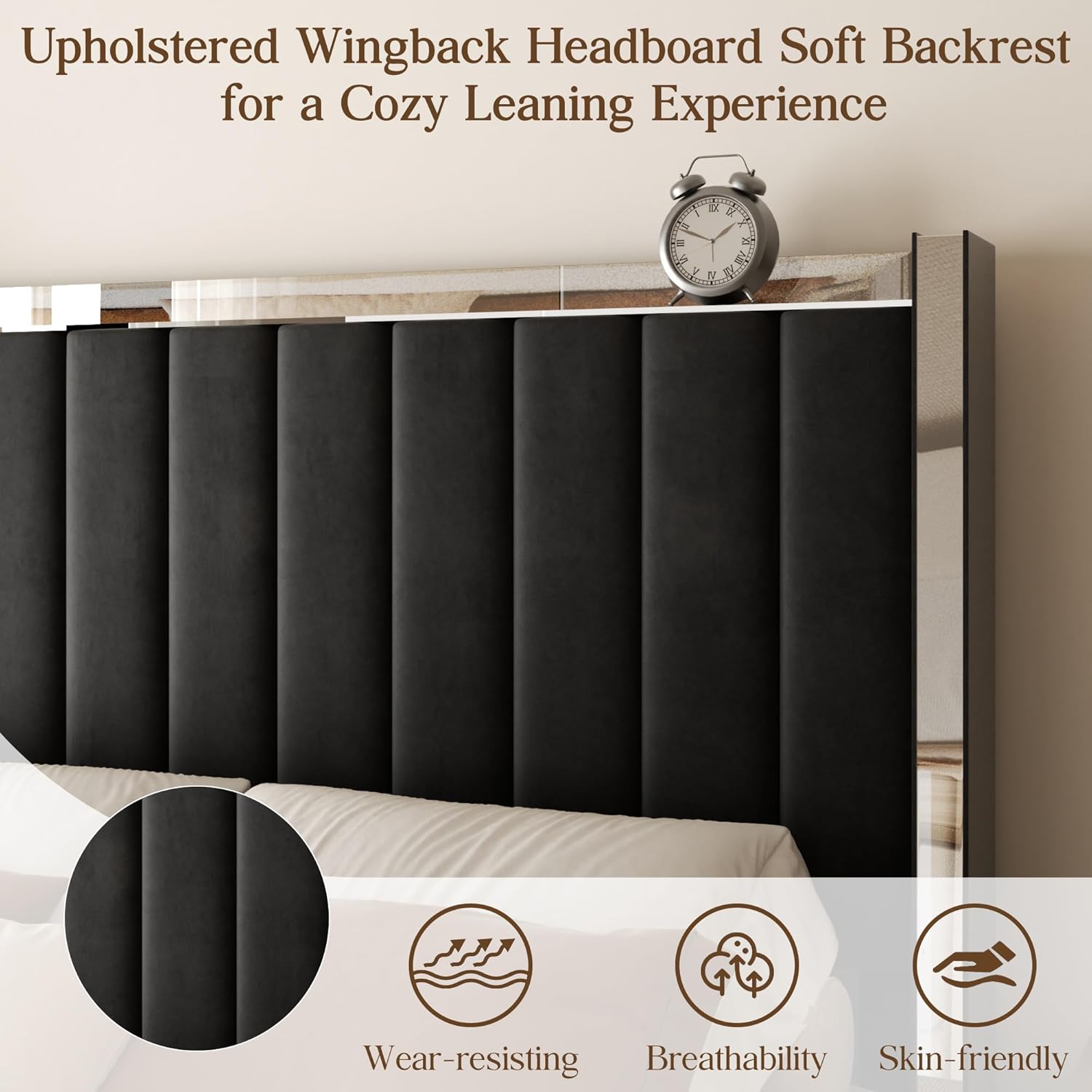 Full Bed Frame with 58" High Headboard, Chenille Platform Bed Frame with Comfortable Upholstered Headboard, Mattress Foundation, No Box Spring Required, Black