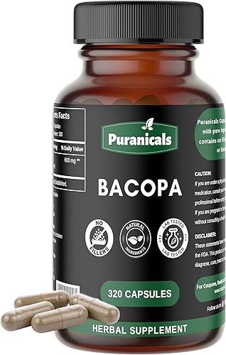 Bacopa Premium 320 cápsulas sin OMG y sin gluten  Suplemento de hierbas  600 mg por porción  Fabricado con hierbas 100% puras Bacopa en polvo