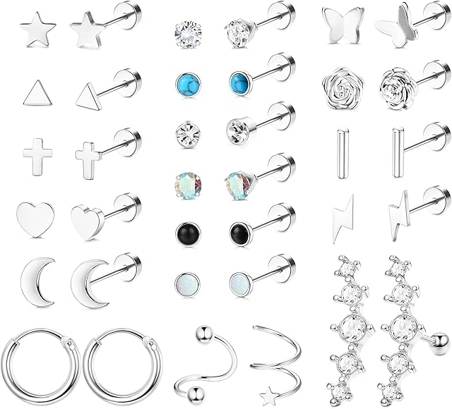 Morfetto Stainless Steel Flat Back Stud Earrings Set for Women Men Star Moon Flower Heart Opal 20G Cartilage Hoop Earrings Hypoallergenic Flatback Cartilage Helix Piercing Jewelry