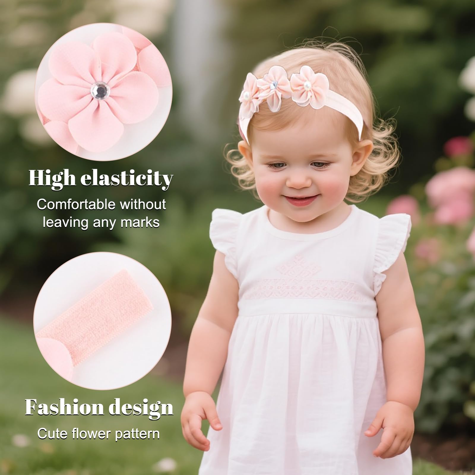 2 Fascie Battesimo Neonata con Fiori di Chiffon, Accessorio Battesimo con Fiori 3D, Fascia Capelli Morbida con 3 Fiori Manuali (Bianco + Rosa) - Regalo Perfetto per Bambine 0-24 Mesi