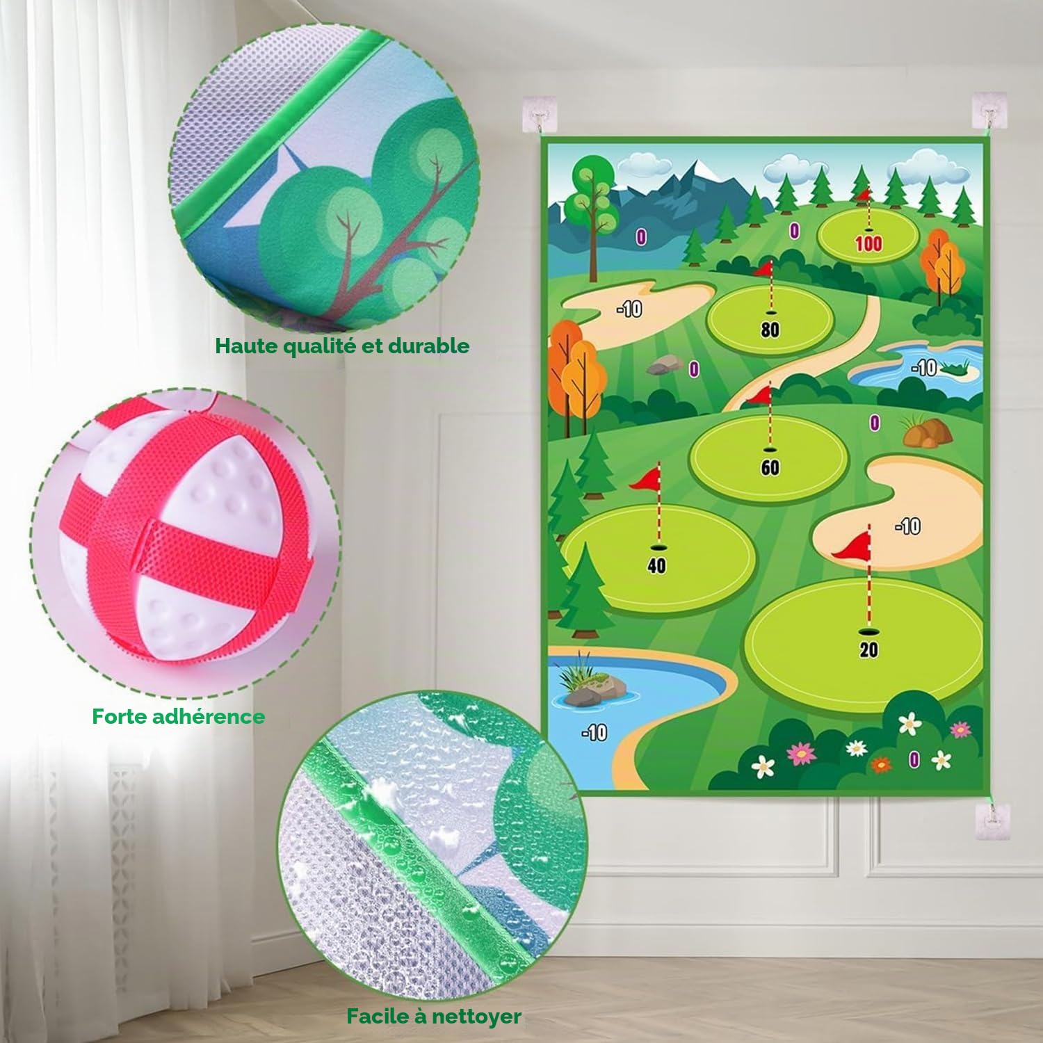 Clemas Jeu de Golf avec Tapis de Frappe, 20 Balles Adhésives, Club, Tableau de Bord, Cibles pour Intérieur et Extérieur