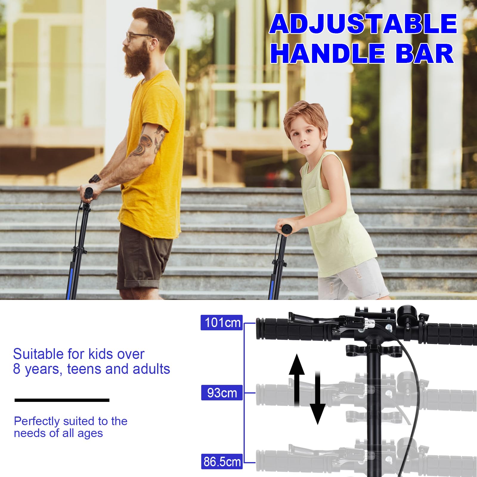 KOMFOTTEU Patinete Plegable con 2 Ruedas con Freno, Scooter con 3 Alturas Regulables, Patinete Infantil con Carga 100 kg, Monopatín con Timbre y Correa, para Niños 8+ y Adultos