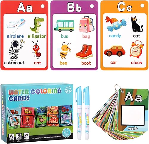 TOYMIS Tarjetas para colorear del alfabeto al agua, alfabeto de agua, libro para colorear con 26 palabras del alfabeto, ABC, juguete educativo de