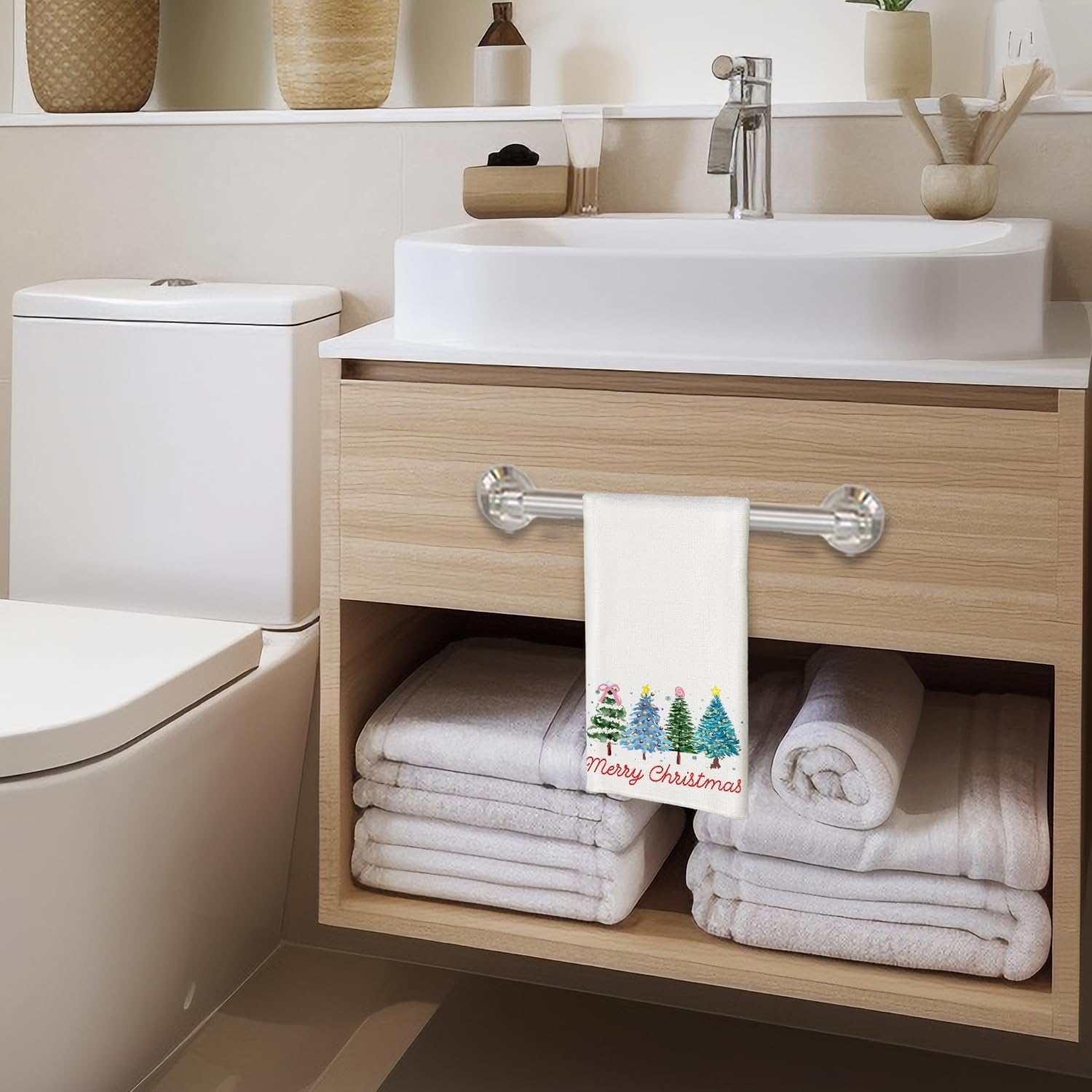 Qabliqo Blue and Green Christmas Tree Kitchen Dish Towels, Preppy Christmas Decor, Coquette Xmas Winter Snowflake Decorative Hand Towels for Bathroom Kitchen Decor, 16x24 Inch