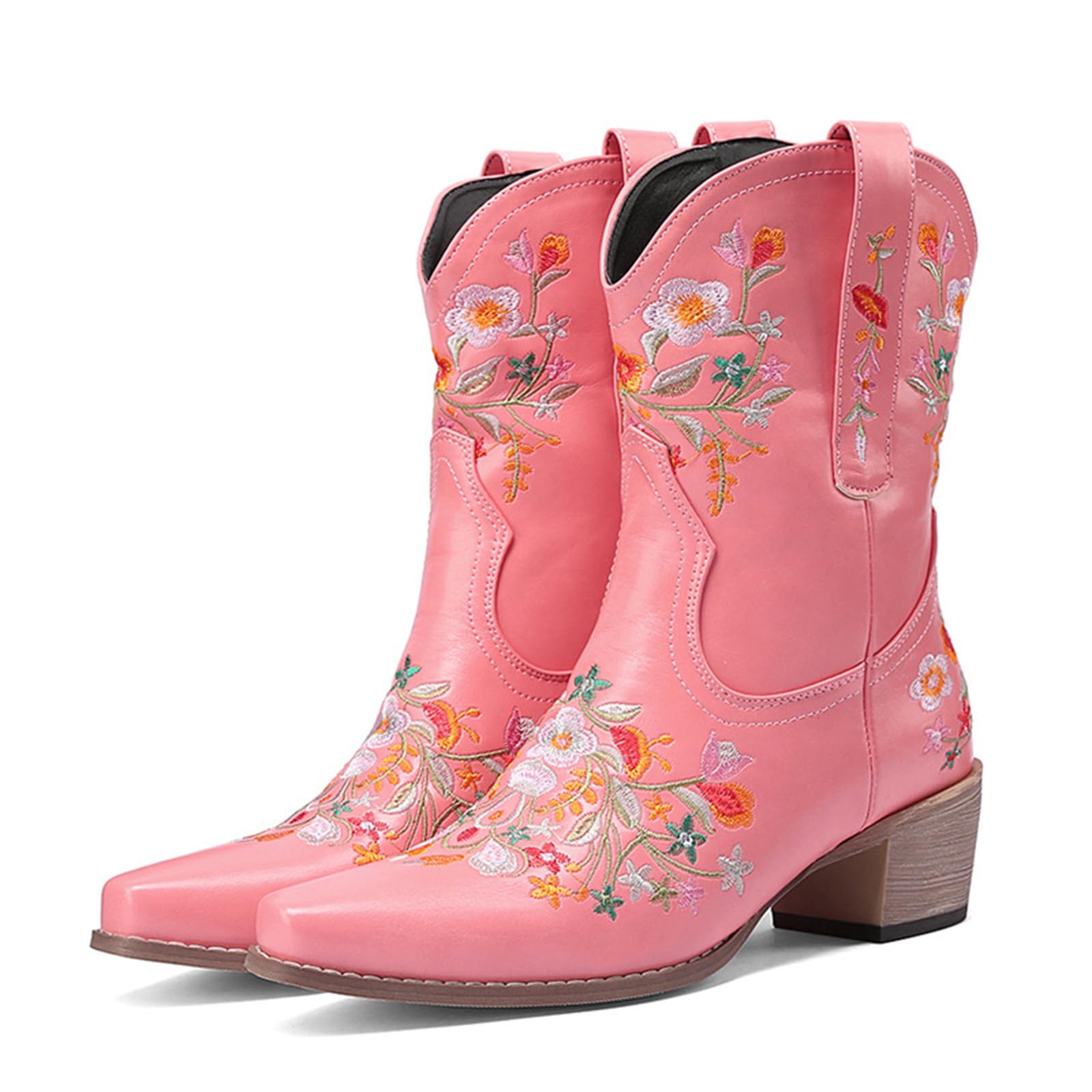 Botines de vaquero para mujer, de piel, diseño floral, bordados, botas de media caña para mujer, botas medianas, botines vintage