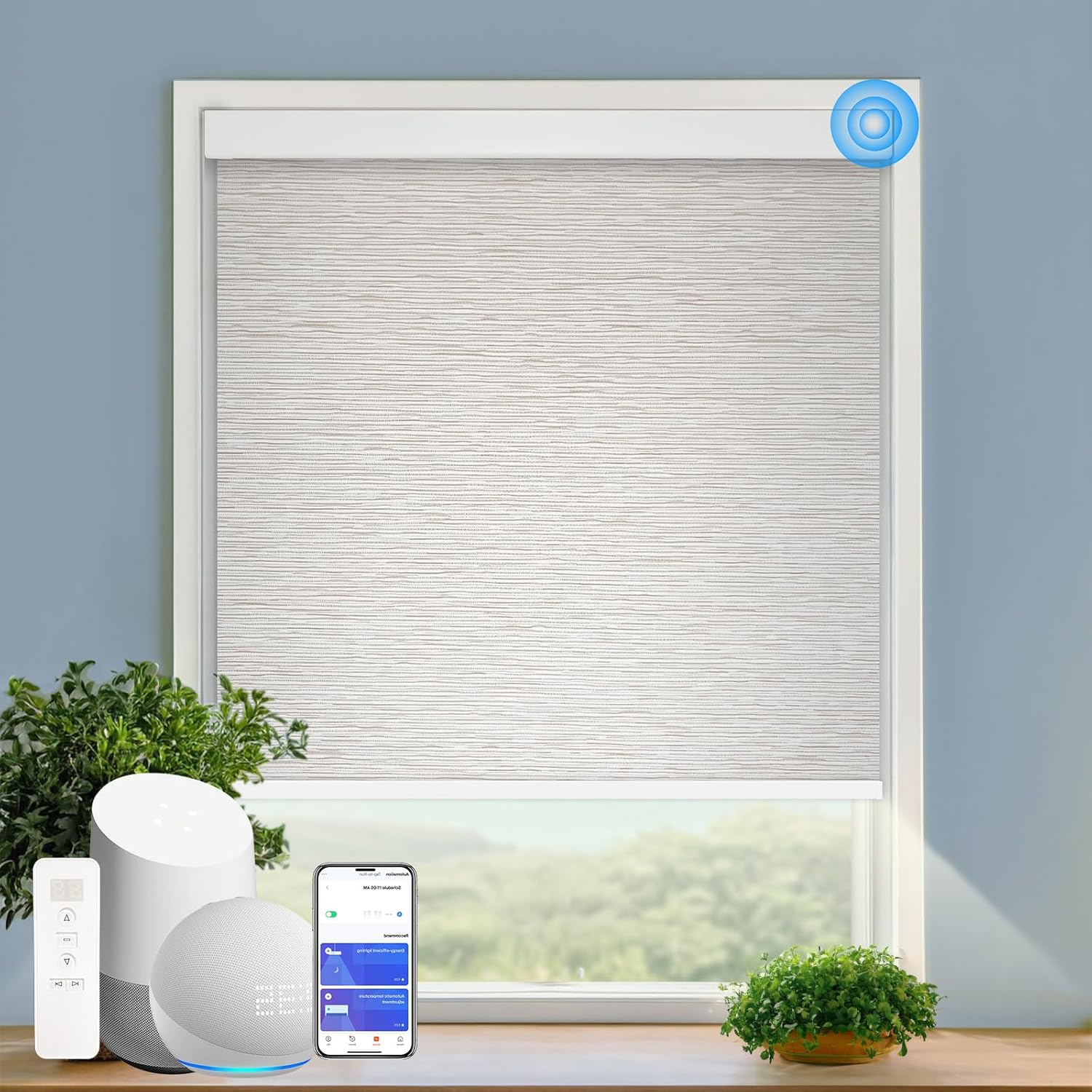 Motorized Blinds with Remote Cordless Automatic Motorized Shades Custom Blinds for Windows Smart Curtains Compatible with Alexa Google Home(Light Filtering Jacquard Beige,Custom Size)