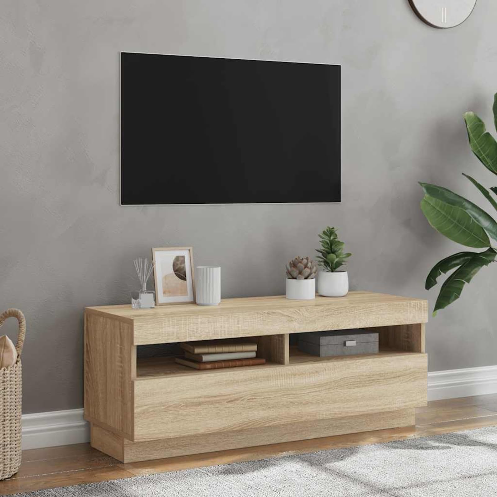 Estante TV con Luces LED RGB - Roble Sonoma - 100x35x40 cm - Montaje Fácil - Soporta DVD, Consola y Streaming