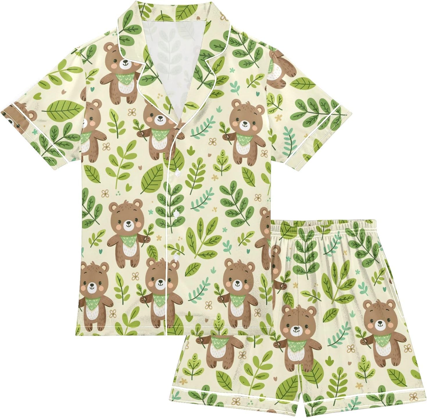 Kids Casual Satin Wear Set Cartoon Bear and Green Leaf Unisex Short Sleeve Clothing for Relaxing