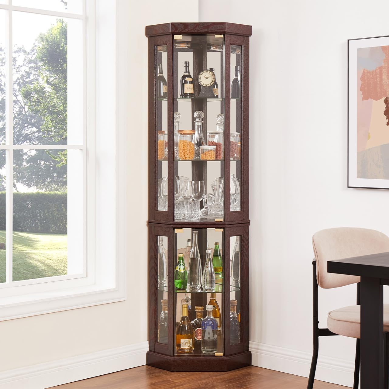 Corner Curio Cabinet with Glass Doors - Modern Corner Bar Cabinet for Home Bar Storage, Corner Display Cabinet with LED Lighting and Wine Glass Rack (Cherry)