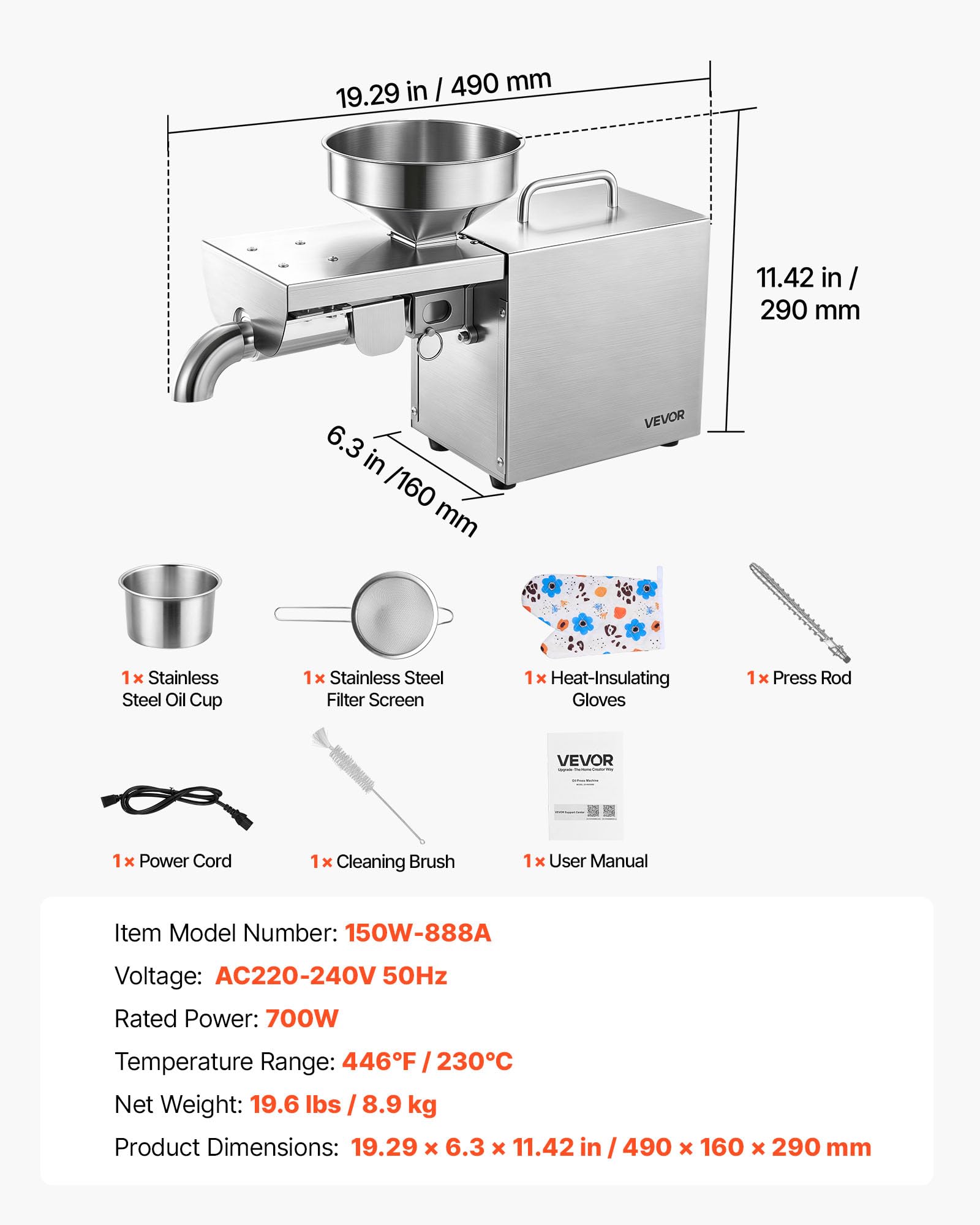 VEVOR Prensa de Aceite Eléctrica 700 W, Máquina de Prensado de Aceite 3,75 kg/h, Prensado en Caliente a 230 °C, Extractor de Acero Inoxidable, Uso Doméstico y Comercial, para Cacahuetes, Soja