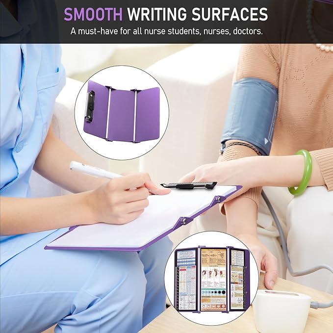Nursing Clipboard Foldable, Foldable Clipboard w/Nursing Edition Medical Charts, 3 Layers Aluminum, Nurse Clip Board w/Low Profile Clip&Pen Clip for Students, Nurses and Doctors, Purple