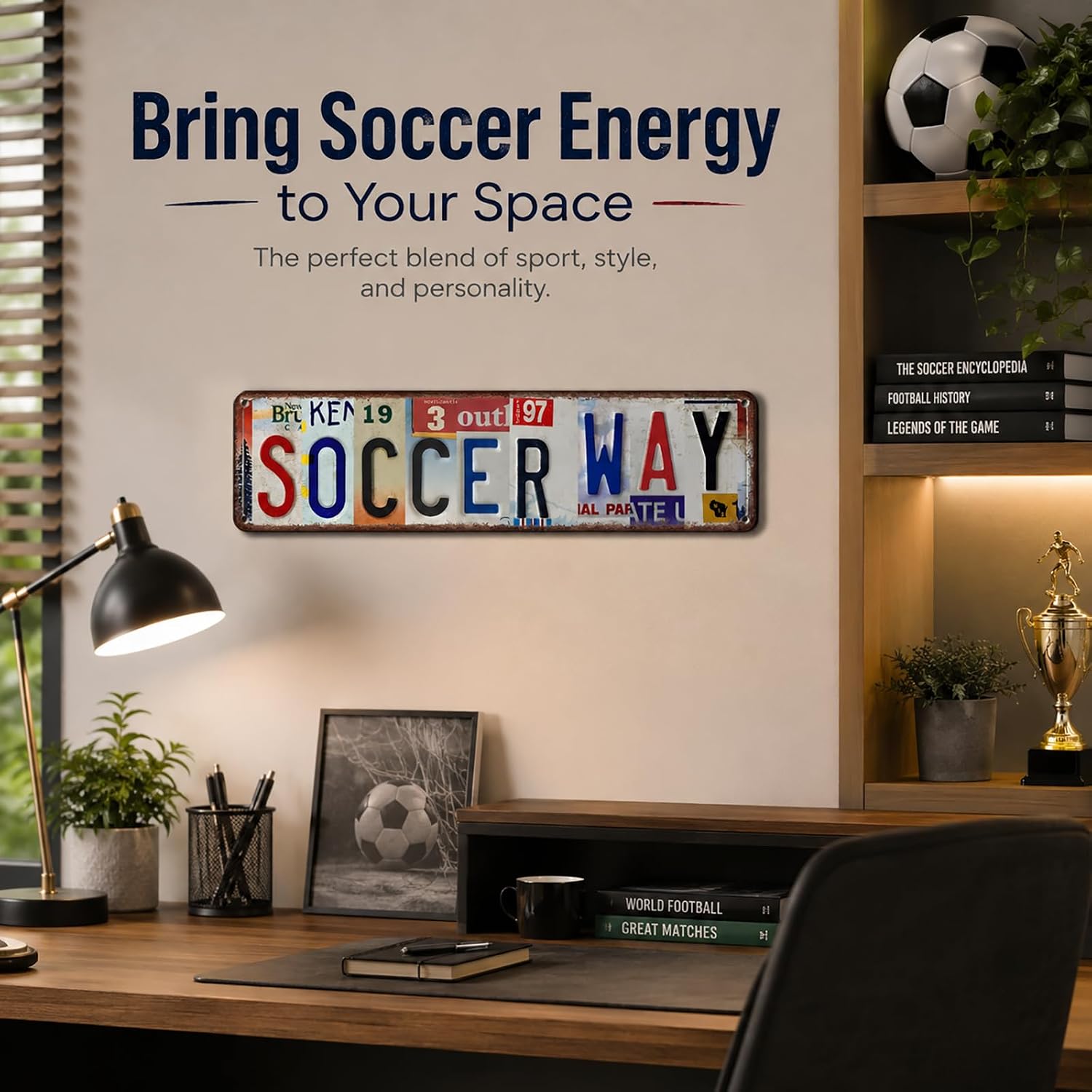 License Plate Style Soccer Metal Sign, Bedroom Wall Decor, Vintage Sports Aluminum Plaque, Gift for Fans 4x16 Inch (26027)