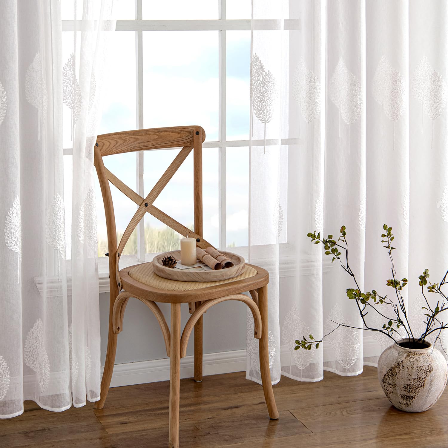 MIULEE Gardine Stickerei Blattmuster Kräuselband 2er Set B140 H280 Weiß | Transparente Gardine mit Stickerei Blattmuster und Kräuselband, modernes Dekor für Wohnzimmer und Schlafzimmer