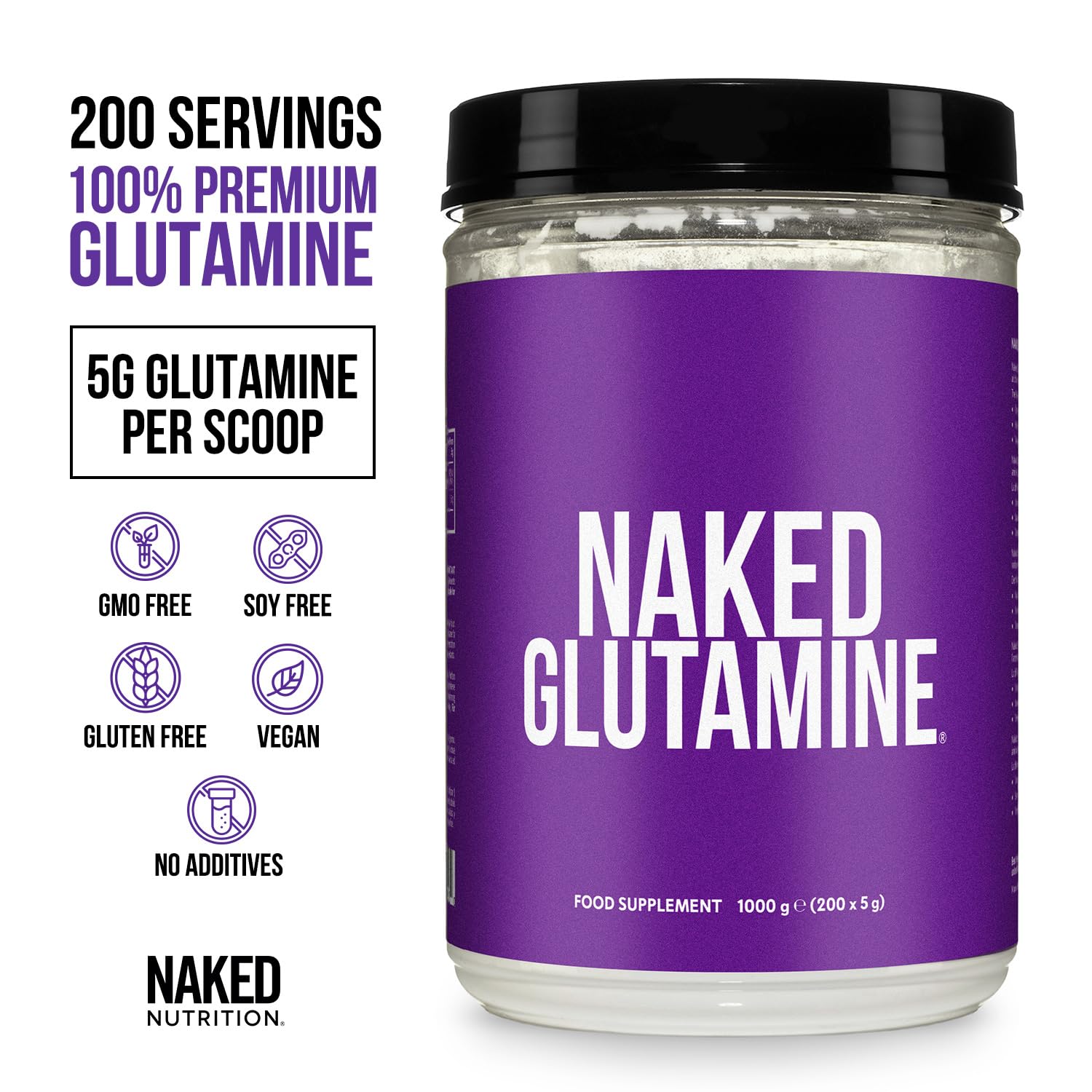 NAKED L-Glutamine – 200 porcji – 1000 g, wegańska, bez GMO, bez glutenu i soi. Pomaga ograniczyć rozpad mięśni i poprawić syntezę białek. Bez dodatków