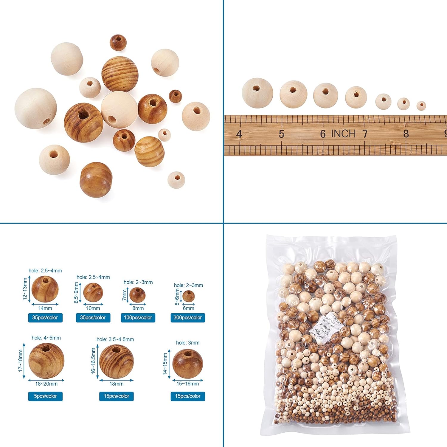 Craftdady 1010pcs Natural Wood Round Beads 7 Sizes Polished Wooden Ball Rondelle Loose Beads for Jewelry Bracelet Necklace Craft Making Home Party Decor - Image 3