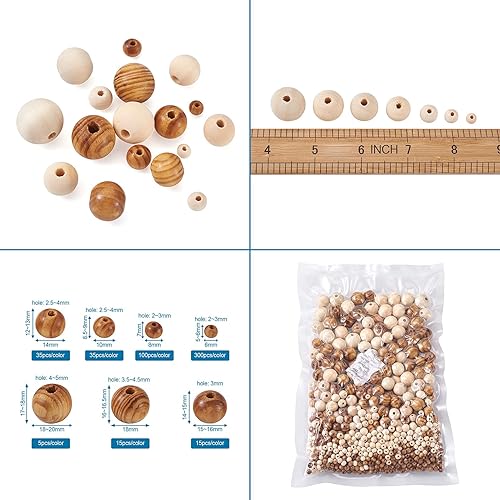 Miniatura 3 de Craftdady 1010 cuentas redondas de madera natural, 7 tamaños, bola de madera pulida, cuentas sueltas para joyería, pulsera, collar, manualidades,