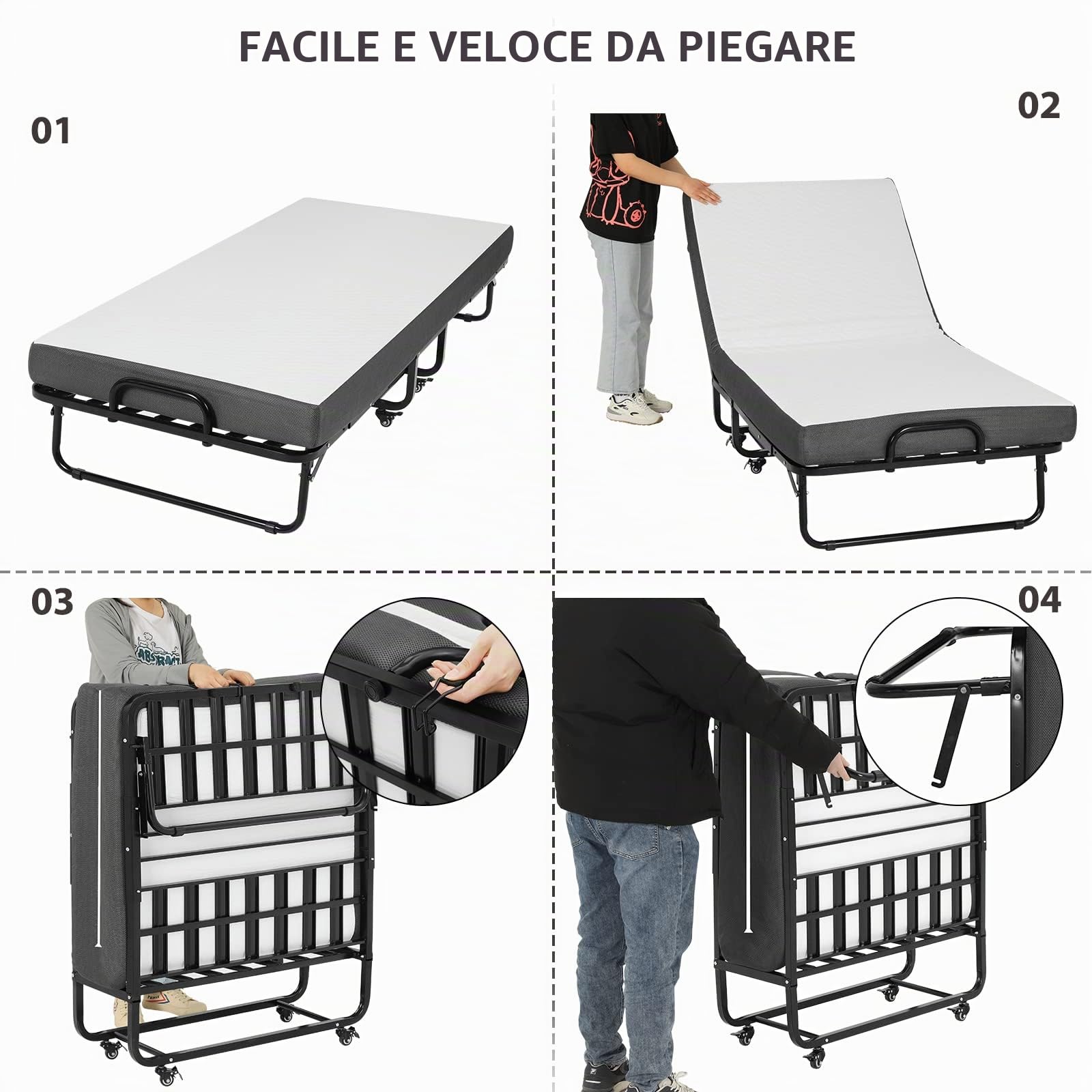 DICTAC Letto Pieghevole Singolo con Materasso 90x200 cm Brandine Letto Pieghevole per Adulti con 13 cm Materasso Memory Foam,Metallo letto richiudibile con Ruote,Fino a 200 kg,nero