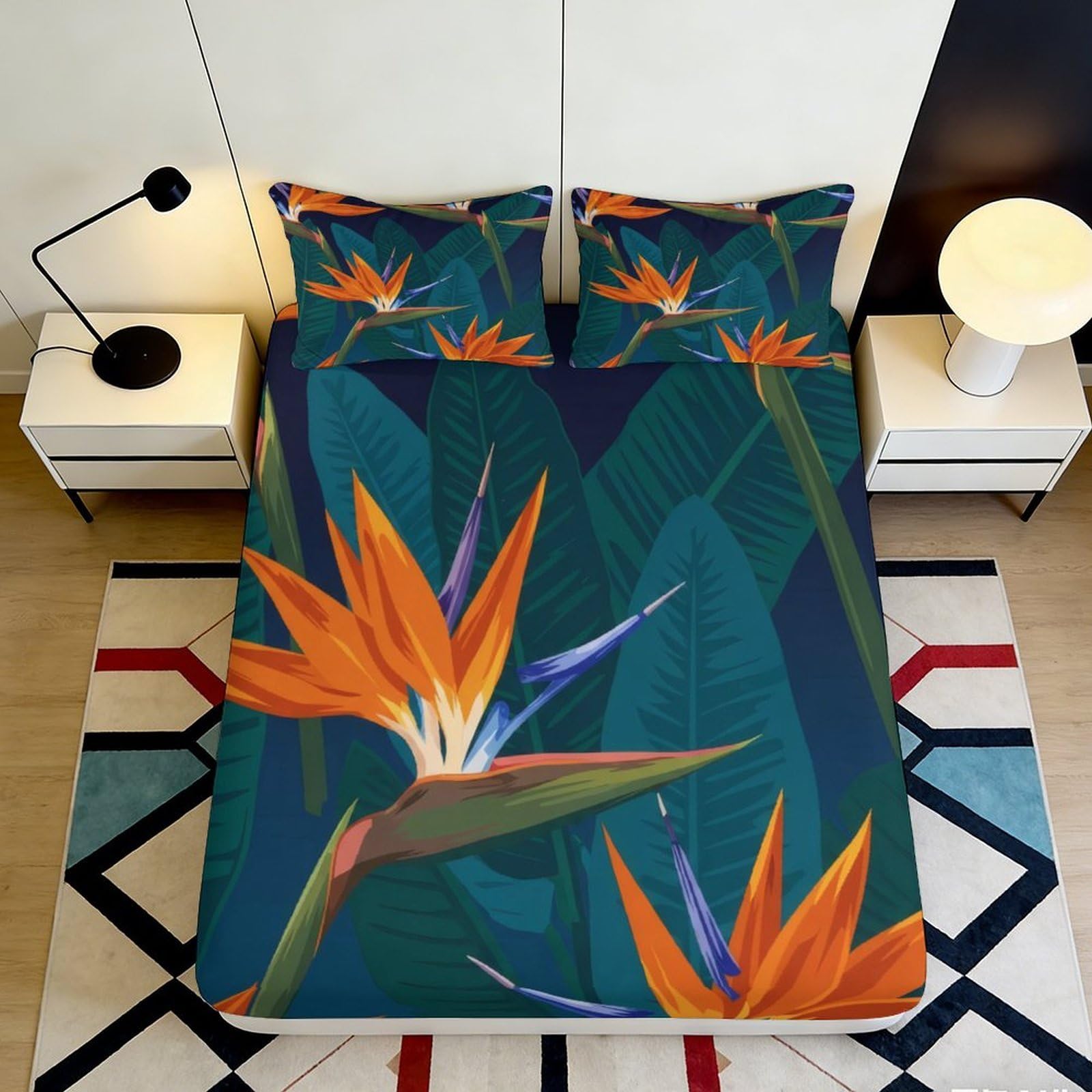 3D Printed Tropical Bird of Paradise Fitted Sheet Microfiber Soft Breathable Banana Leaf Mattress Cover for Bedroom Dorm Mattress Protection Decor 90x200x25cm