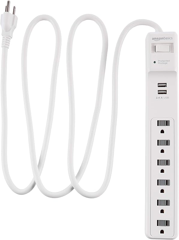 Power Strip Surge Protector with 6 Outlets, 2 USB Ports, 1000 Joule Protection, 6-Foot Extension Cord, White