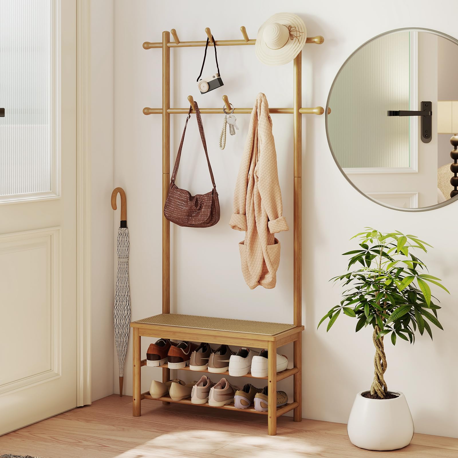 RELAX4LIFE 3 in 1 Attaccapanni con Scaffale per Scarpe, Mobile Ingresso in Bambù e Rattan PE con Panca, 2 Barre Appendiabiti, 11 Ganci e 2 Ripiani, per Corridoio, Camera, 71x30x169,5cm (Naturale)