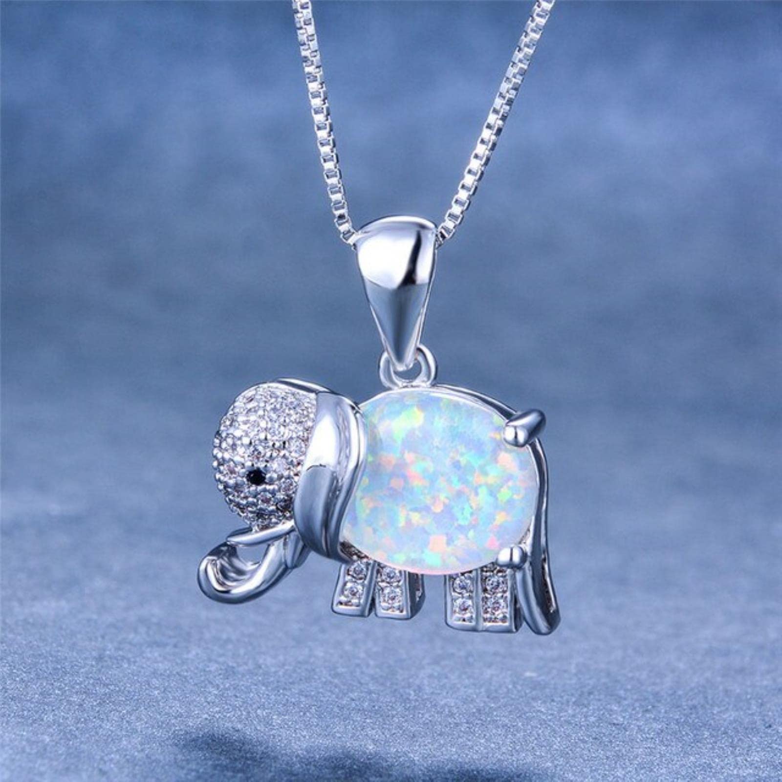 Daomei Women's Blue,Silver,White Boho Elephant Animal Pendant Necklace Fashion Silver Color Necklaces For Boho Blue White Fire Opal Necklace