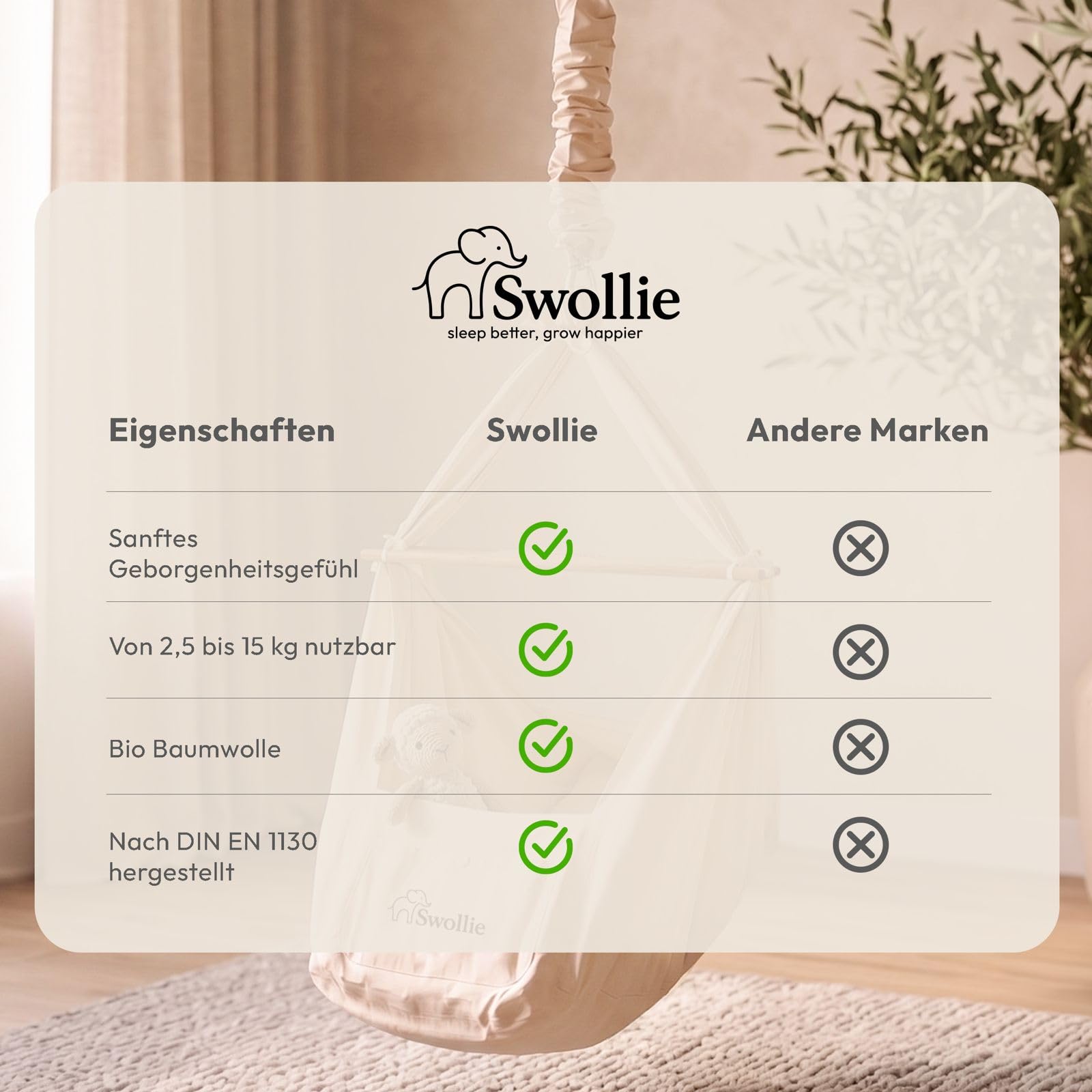 Premium Federwiege Grau mit Tipi Anthrazit - für Babys ab Geburt bis 15 kg - geborgener und sicherer Babyschlaf - Bio-Baumwolle und Matratze mit Schafwolle -