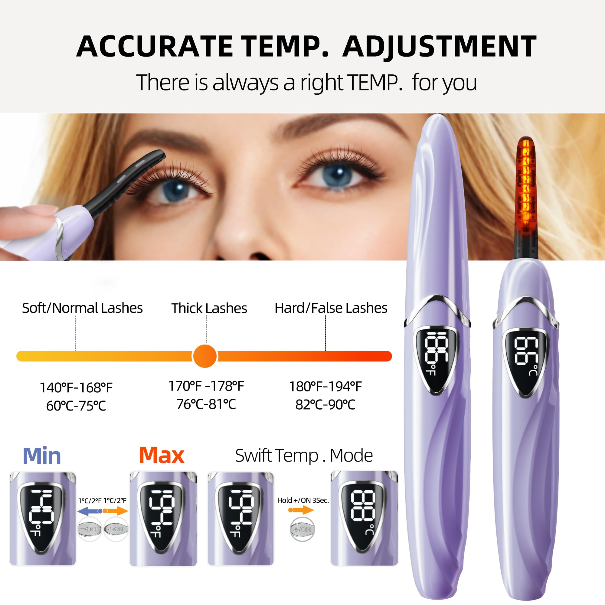 Heated Eyelash Curler, S600 Heated Lash Curler, Accurate Temperature Control Electric Eyelash Curler Heated Curlers - Intelligent Power Off, Long Lasting (Lavender Mist/Silver, S600-148MM)